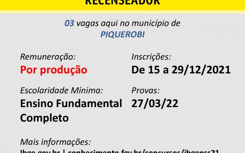 VAGAS EM PIQUEROBI - CONCURSO IBGE