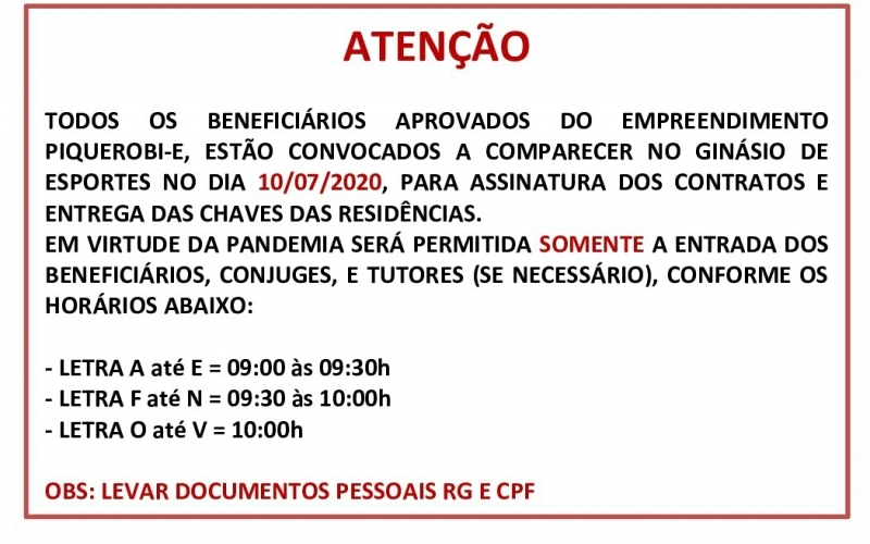 A Prefeitura Municipal de Piquerobi por meio da Secretaria de Assistência Social faz convocação a todos os beneficiários